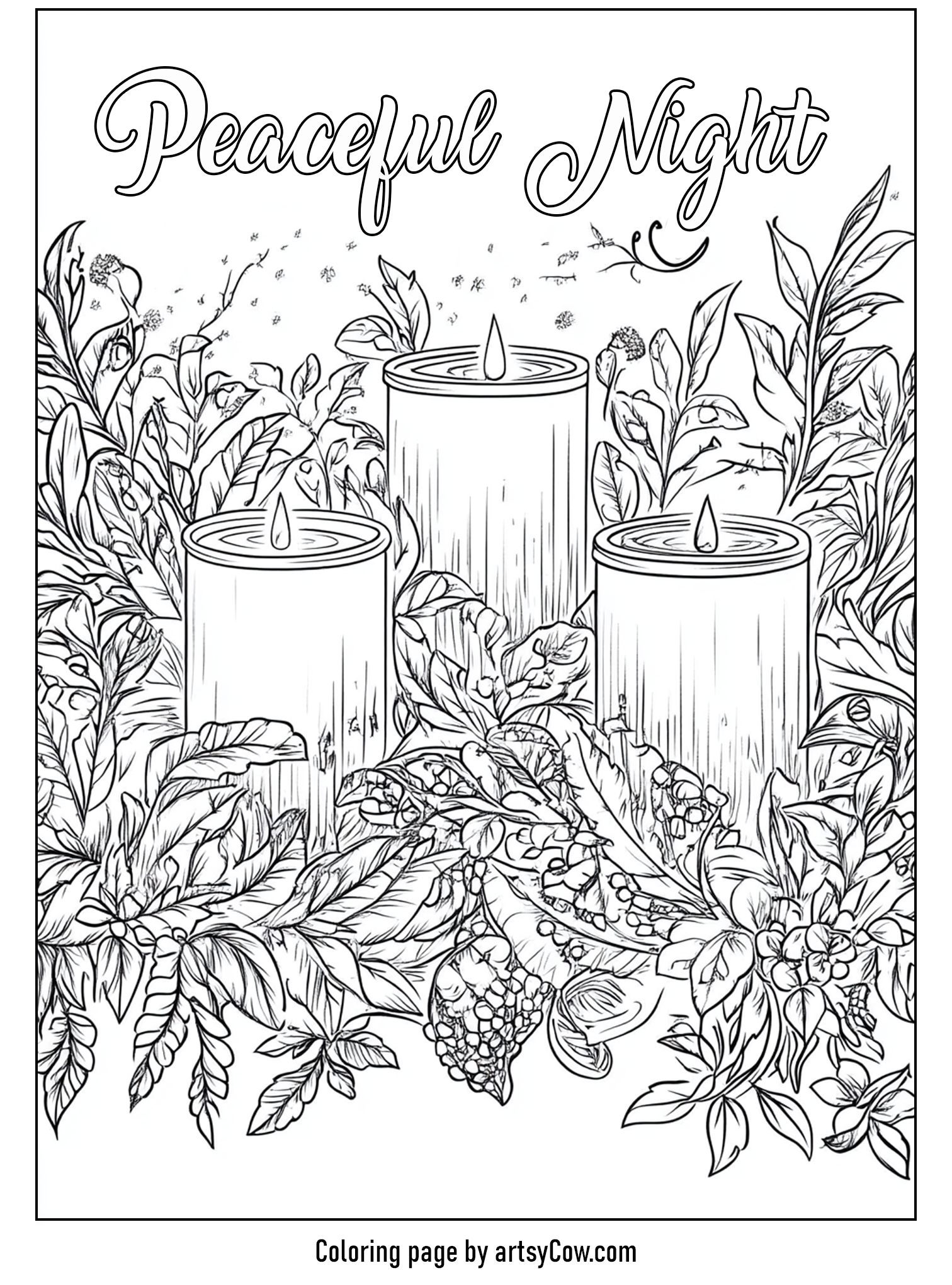 thanksgiving coloring pages for adults showing three candles surrounded by intricate fall foliage and leaves with the words 'Peaceful Night' at the top.